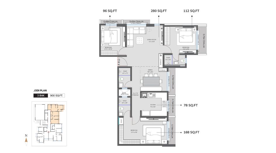 Modirealty-Asopalav-Floor-Plan-3 BHK-900 Sqft